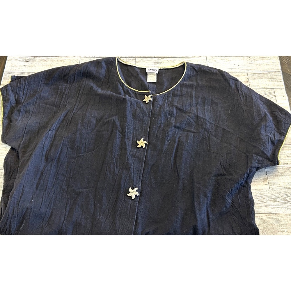 Vintage AVON Style Black Gold Trim Starfish Short Sleeve Shirt Dress Midi SMALL